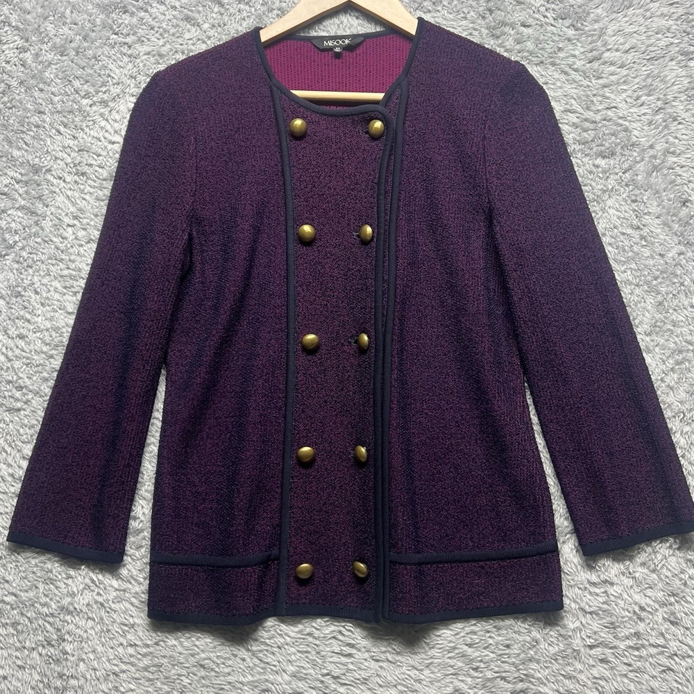 Misook Jacket XS Purple Maroon Knit Double Breasted Gold Buttons Business Formal